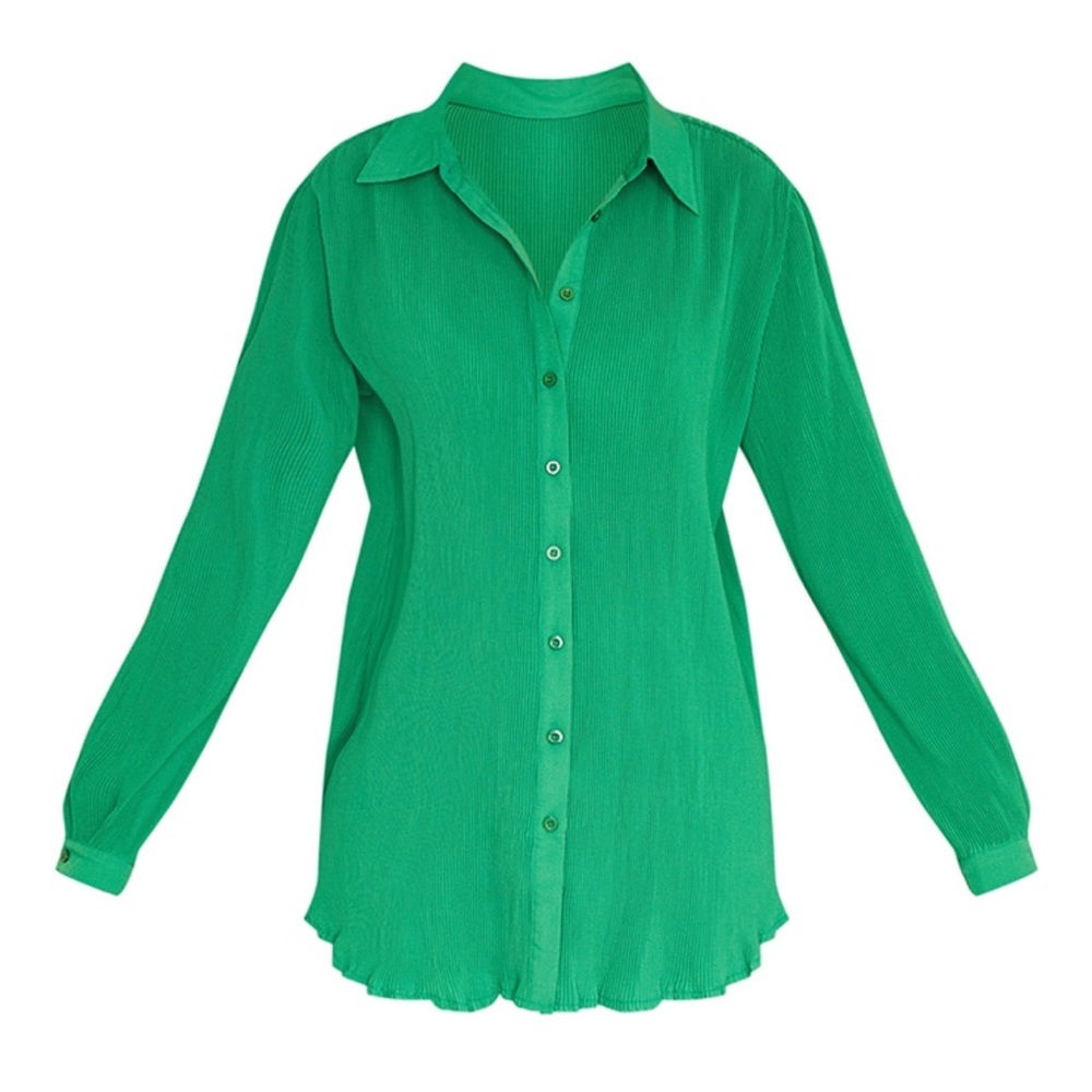PRETTYLITTLETHING Bright Green Plisse Button Front Oversized Shirt